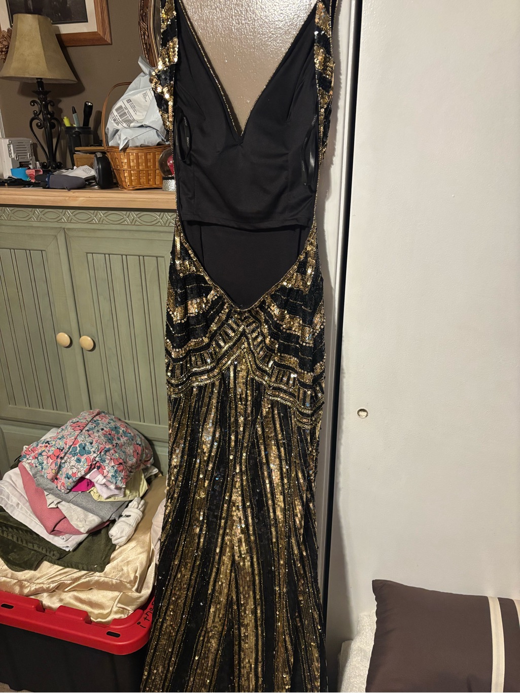 Jovani Black And Gold Sequin Backless Evening Gown